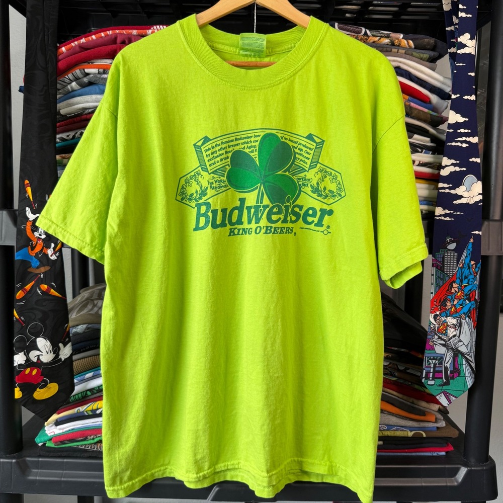 Y2K Neon Green Budweiser Shamrock St Patricks Day Graphic Tee XL